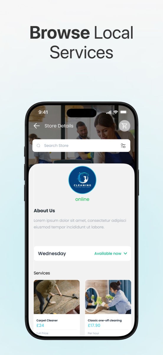 Browsing local cleaning services and their listings in the app
