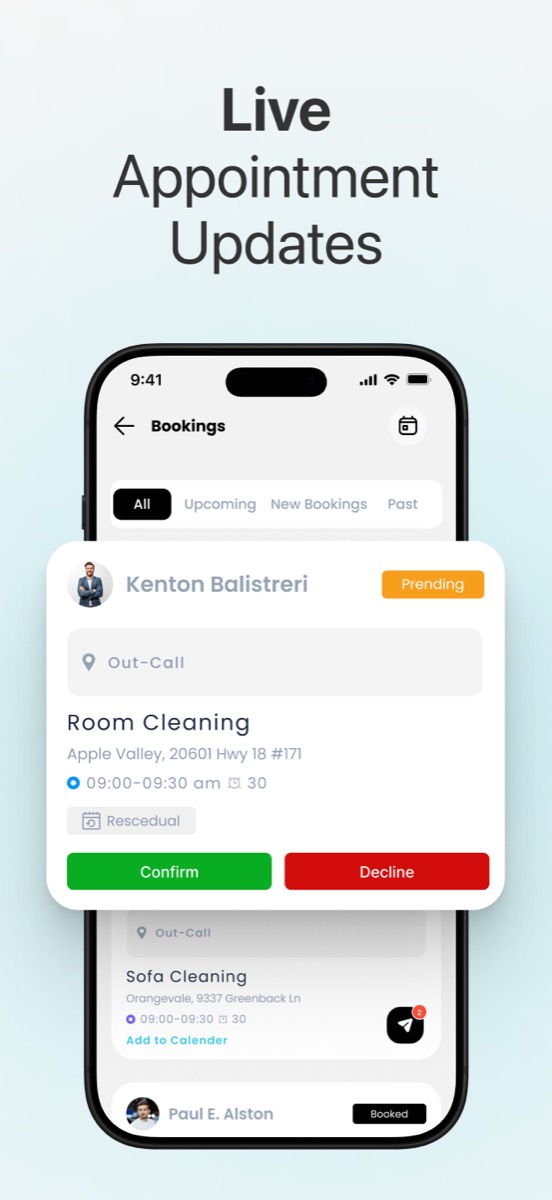 Live appointment updates — confirm or decline a booking request
